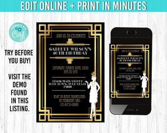 You EDIT and Print Great Gatsby invitation,5x7  great gatsby birthday party, great gatsby invite, great gatsby invitations, gatsby invites,