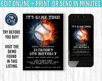 Baseball Birthday Invitation, Sports Theme (5x7, Editable, Printable)