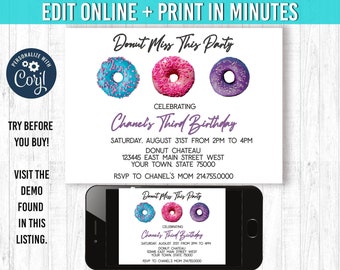 Donut uitnodiging 5 x 7 Donut verjaardagsuitnodiging die u bewerken en Dessert Donut verjaardag Donut nodigt Donuts Party thema