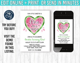 Watermelon 1st Birthday Invitation, Editable Party Invite (Digital Download)