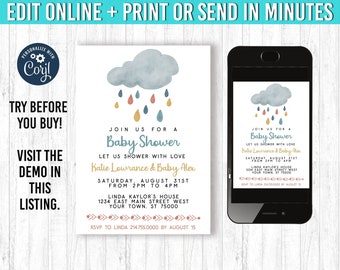 Boho Rainbow baby shower uitnodiging, 5 x 7 u bewerken en afdrukken, Boho douche thema, Rainbow uitnodiging, digitale uitnodiging, afdrukbare uitnodiging