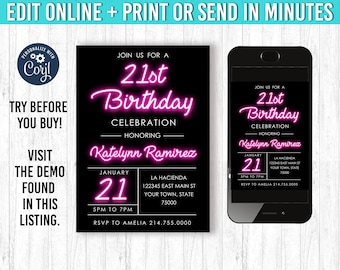 21st birthday invitation, thirtieth celebration, Neon, Pink and Black, Clean invitation, neon sign, editable template, instant download