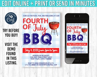 4th of July BBQ Invitation, Gingham Birthday, Editable (Digital File)