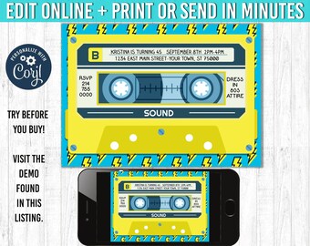 90s invitation, Mix tape invite, 80s birthday party, retro party decor, YOU EDIT and PRINT 5x7, 1990s, 1980s