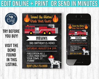 Fireman Birthday Invitation, Firefighter Party Theme (Digital File)