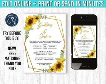 Sunflower Wedding Invitation 5x7 Rustic Boho Sunflower  Digital Invitation YOU EDIT and Print Sunflower Wedding Sunflower  Invites
