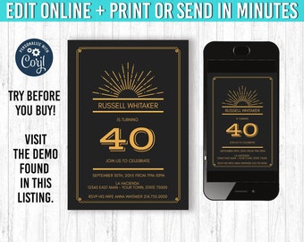 40th Birthday Invitation, Black and Gold, 5x7, modern 30th birthday, 40th surprise, black and gold, 40th invitation,  40th invite,