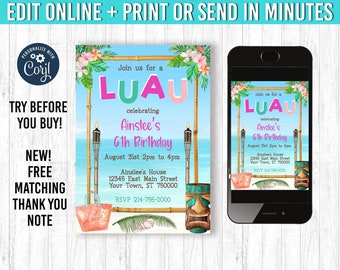 Luau Invitation Hawaiian 5x7 Luau Birthday Invitation YOU EDIT and Print Tropical Birthday Luau Invites Hawaiian Party Theme