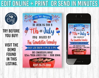 July 4th invitation, 5x7 YOU EDIT and PRINT - 4th of July birthday party, Fourth of July invitations, 4th of July, barbecue invitation, bbq
