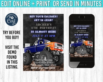 Monster Truck Invitation 5x7 Monster Truck Birthday Invitation YOU EDIT and Print 5x7 Monster Truck Birthday Invites Monster Truck Theme