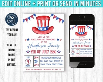4. Juli Einladung - Bearbeitbar 5x7 Unabhängigkeitstag Patriotisch, 4. Juli BBQ Fourth of Juli Barbecue lädt Vorlage ein