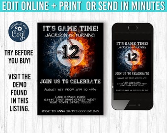 12 Baseball Invitation 5x7 Baseball Birthday Invitation YOU EDIT and Print Baseball Birthday Baseball Invites Baseball Party Sports Theme