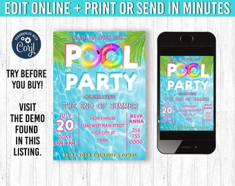 Puede incluir: Una invitación a una fiesta en la piscina con un fondo de agua azul, un flotador inflable colorido y hojas de palma. La invitación incluye el texto "Pool Party" y los detalles del evento, también mostrados en un smartphone.