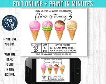 Editable Ice Cream Invitation Ice Cream Birthday Invitation Sweet Celebration 3rd birthday Ice Cream Birthday Party Ice Cream Invites