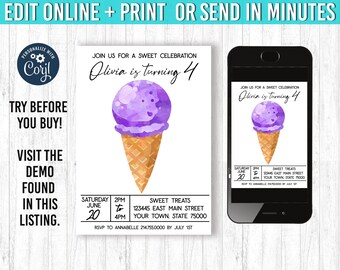 Editable Ice Cream Invitation Ice Cream Birthday Invitation Sweet Celebration 3rd birthday Ice Cream Birthday Party Ice Cream Invites