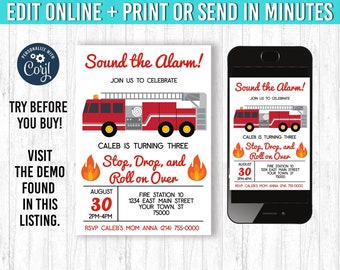 Firefighter Invitation 5x7 Firetruck Birthday Invitation YOU Edit and Print 5x7 Fire Truck Party Fireman Invites Fire Station Party Theme