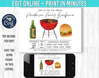 Barbecue Invitation 5x7 Barbecue Birthday Invitation YOU EDIT and Print Barbecue Birthday Barbecue Invites Barbecue Party Theme