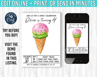 Editable Ice Cream Invitation Ice Cream Birthday Invitation Sweet Celebration 3rd birthday Ice Cream Birthday Party Ice Cream Invites