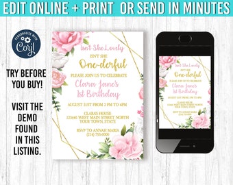 Pink and Gold Baby's First Birthday Party Invitation, Editable, Printable Baby Girl 1st Birthday Template, Blush Pink, Isn't She Onederful,