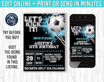 Invitación de fútbol 5x7 Invitación de cumpleaños de fútbol azul USTED Edite e imprima 5x7 Cumpleaños de fútbol Fútbol invita a tema de fiesta de fútbol