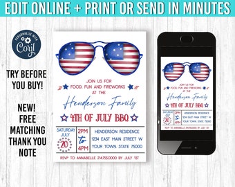 4. Juli Einladung - Bearbeitbar 5x7 Unabhängigkeitstag Patriotisch, 4. Juli BBQ Fourth of Juli Barbecue lädt Vorlage ein