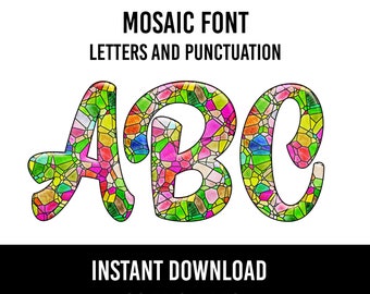 Mosaic Alphabet Doodle Font Stained Glass Letters  Numbers PNG Christian Sublimation Love Instant Download