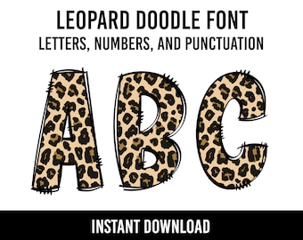 Leopard Print Alphabet Doodle Font, PNG, Animal Print Letters, Numbers, Sublimation, Cheetah Pattern, Instant Download, Brown, Tan, Black