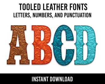 Tooled Leather Alphabets Doodle Font Letters Western Numbers PNG Font Leather Sublimation Cowboy Letters Instant Download