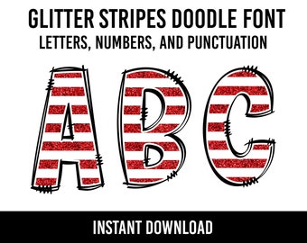Stripes Alphabet Patriotic Doodle Font Glitter Letters American Numbers PNG Font 4th of July Sublimation Letters Stripes Instant Download