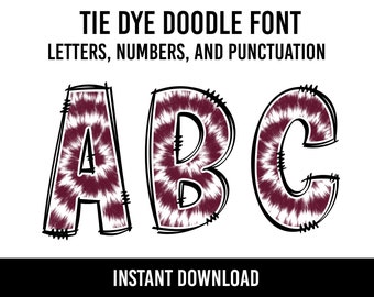 Maroon Tie Dye Doodle Font, Tiedye ABCs, Team Font, Letters, Maroon and White Alphabet, ABC,