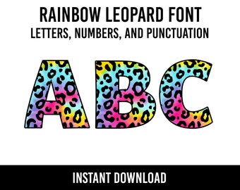 Rainbow Leopard Print Alphabet 78 Letters Leopard Print Numbers PNG Font Leopard Print Sublimation Leopard Print Letters