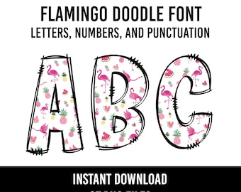 Flamingo Alphabet Doodle Font Letters Tropical Numbers PNG Font Flamingo Sublimation Beach Letters Instant Download