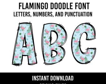 Flamingo Alphabet Doodle Font Letters Tropical Numbers PNG Font Flamingo Sublimation Beach Letters Instant Download