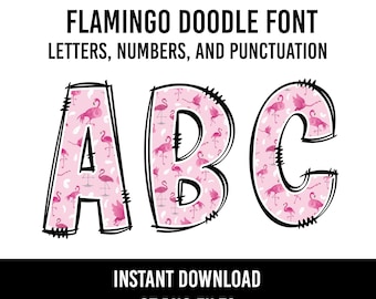 Flamingo Alphabet Doodle Font Letters Tropical Numbers PNG Font Flamingo Sublimation Beach Letters Instant Download