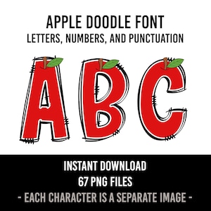 Apple Doodle Font, Letras de Teacher Doodle, Regreso a la escuela, Lápiz dibujado a mano Doodle Alfa Números Alfabeto Doodle Set Sublimación Fuente PNG