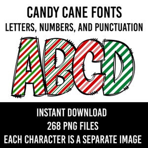 Alfabeto de Navidad Candy Cane Doodle Fuente Copo de nieve Fuentes Números de vacaciones PNG Fuente Sublimación roja Letras de invierno Descarga instantánea