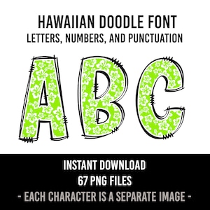 Hawaiian Alphabet Tropical Doodle Font Letters Summer Numbers PNG Font Floral Sublimation Hawaiian Shirt Letters Instant Download