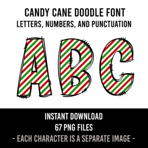 Alfabeto de Navidad Candy Cane Doodle Fuente Copo de nieve Fuentes Números de vacaciones PNG Fuente Sublimación roja Letras de invierno Descarga instantánea