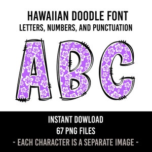 Hawaiian Alphabet Tropical Doodle Font Letters Summer Numbers PNG Font Floral Sublimation Hawaiian Shirt Letters Instant Download