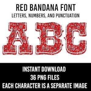 Red Bandana Alphabet PNG 39 Letters Bandana Numbers Font Bandana Sublimation Western Letters Instant Download