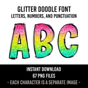 Rainbow Glitter Alphabet Doodle Font Summer Letters  Numbers PNG Font Sublimation Summer Letters Instant Download
