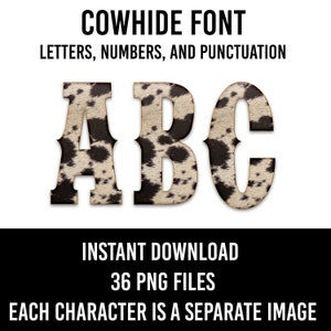 Alfabeto con estampado de vaca, 36 letras, números con estampado de piel de vaca, fuente PNG, letras con estampado de vaca de sublimación occidental, descarga instantánea