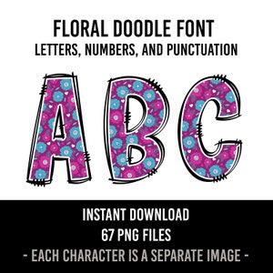 Retro Flower Alphabet Doodle Font Letters Floral Numbers PNG Font Flowers Sublimation Spring Letters Instant Download A to Z