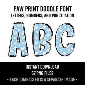 Light Blue Paw Print Alphabet Doodle Font Letters Dog Numbers Puppy Sublimation Dog Paw Letters Instant Download