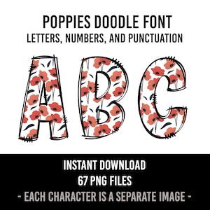 Poppy Alphabet Doodle Poppies Fonte Letras Floral Números PNG Flores Sublimação Floral Download instantâneo