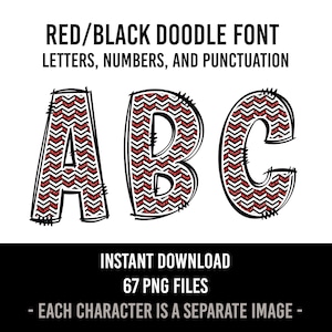 Rot und Schwarz Alphabet Fischgrät Doodle Schrift Buchstaben Tartan Zahlen PNG Rot Schwarz Sublimation Sofortiger Download