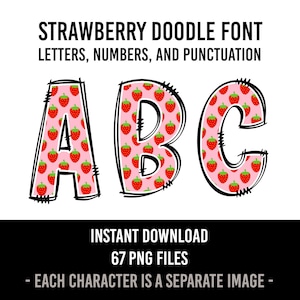 Erdbeer Alphabet Doodle Schriftart Buchstaben Sommer Zahlen PNG Schriftart Erdbeeren Sublimation Buchstaben Obst Sofortiger Download