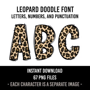 Leopard Print Alphabet Doodle Font, PNG, Animal Print Buchstaben, Zahlen, Sublimation, Gepardenmuster, Sofort-Download, Braun, Hellbraun, Schwarz