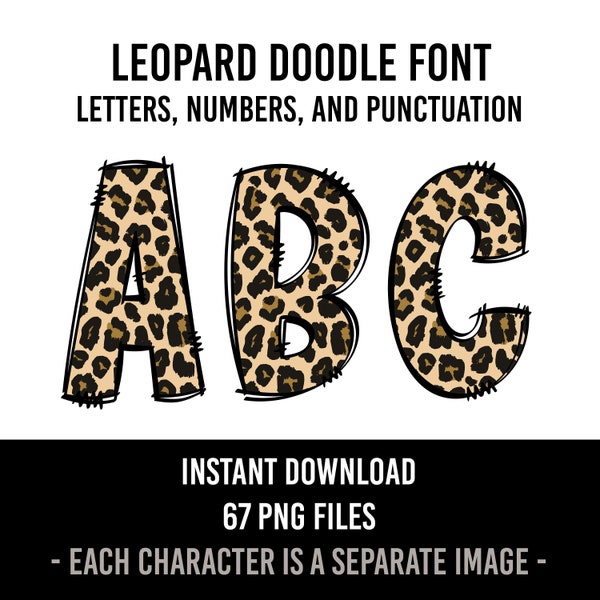 Leopard Print Alphabet Doodle Font, PNG, Animal Print Letters, Numbers, Sublimation, Cheetah Pattern, Instant Download, Brown, Tan, Black