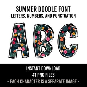 Summer Alphabet Doodle Font Letters Hawaiian Numbers PNG Tropical Flowers Palm Leaves Sublimation Tropical Letters Instant Download